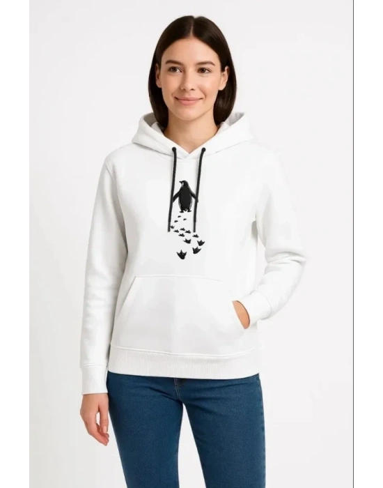 Nihilist Penguen Temalı Oversize Kapüşonlu Sweatshirt - Beyaz