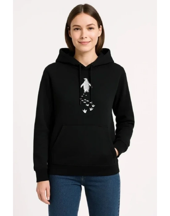 Nihilist Penguen Temalı Oversize Kapüşonlu Sweatshirt - Siyah