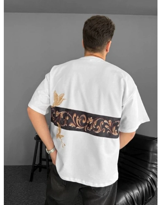 Ön Ve Arka Baskılı Oversize Bisiklet Yaka T-shirt - Beyaz