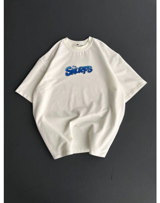Ön Ve Arka Baskılı Oversize Bisiklet Yaka T-shirt- Beyaz
