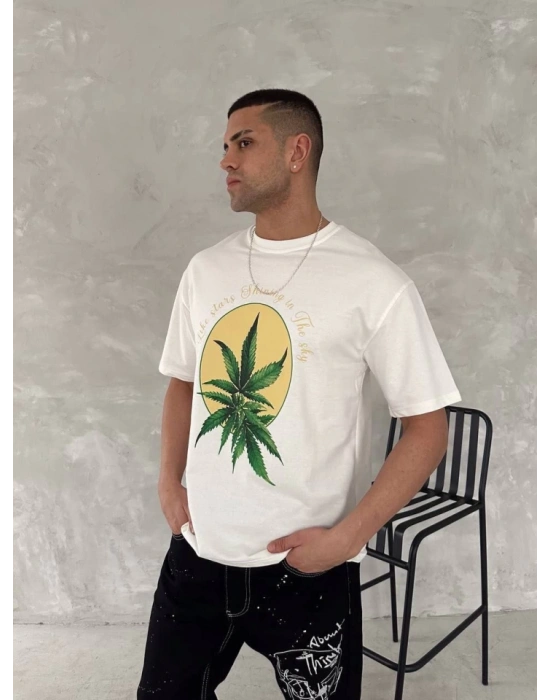Ön Ve Arka Baskılı Oversize Bisiklet Yaka T-shirt- Beyaz