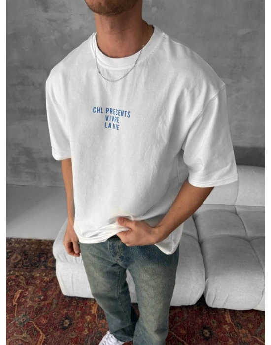 Ön Ve Arka Baskılı Oversize Bisiklet Yaka T-shirt- Beyaz