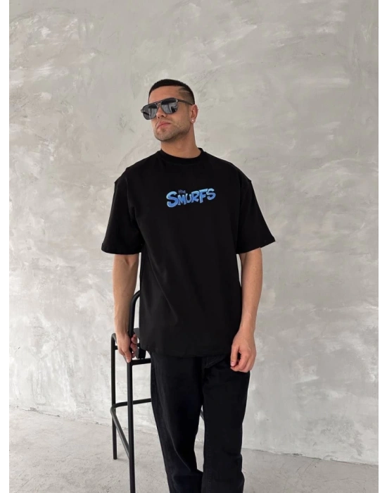 Ön Ve Arka Baskılı Oversize Bisiklet Yaka T-shirt- Siyah