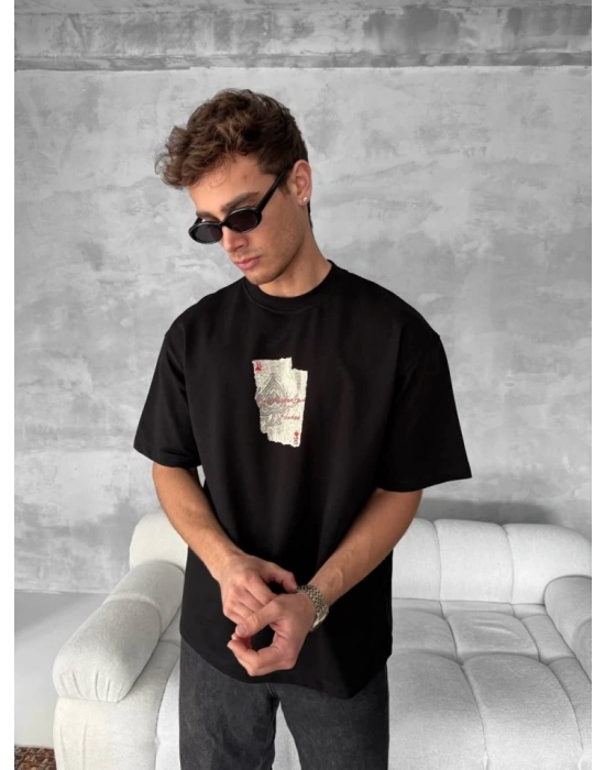 Ön Ve Arka Baskılı Oversize Bisiklet Yaka T-shirt - Siyah