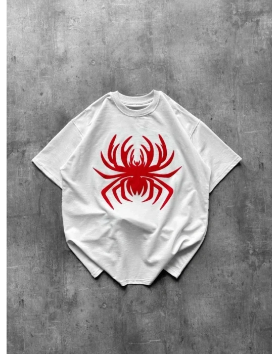 Örümcek Baskılı Tişört Kısa Kollu Bisiklet Yaka T-Shirt - Beyaz