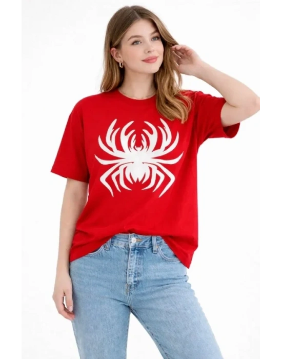 Örümcek Baskılı Tişört Kısa Kollu Bisiklet Yaka T-Shirt - Kırmızı
