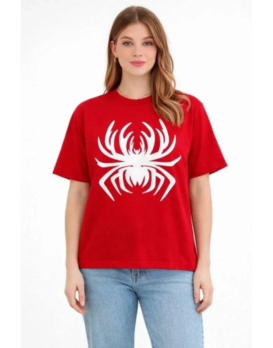 Örümcek Baskılı Tişört Kısa Kollu Bisiklet Yaka T-Shirt - Kırmızı