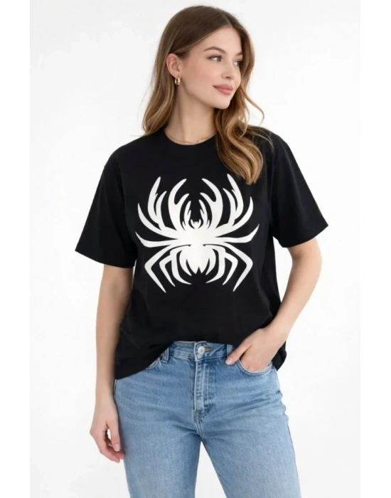 Örümcek Baskılı Tişört Kısa Kollu Bisiklet Yaka T-Shirt - Siyah