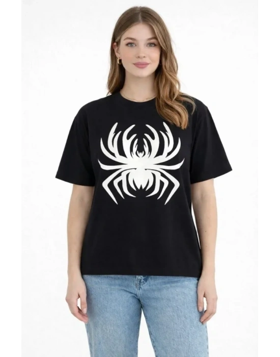 Örümcek Baskılı Tişört Kısa Kollu Bisiklet Yaka T-Shirt - Siyah