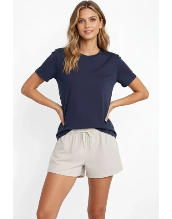 Osy Modal Yumuşak Dokulu Kumaş Bisiklet Yaka T-shirt - İndigo