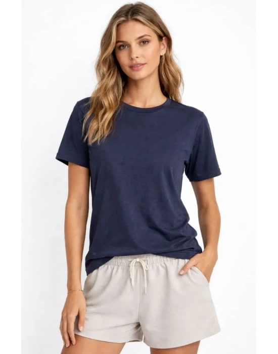 Osy Modal Yumuşak Dokulu Kumaş Bisiklet Yaka T-shirt - İndigo