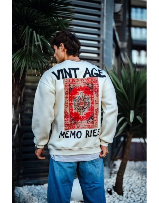 Oversize Bisiklet Yaka Üç İplik Baskılı SweatShirt - Beyaz