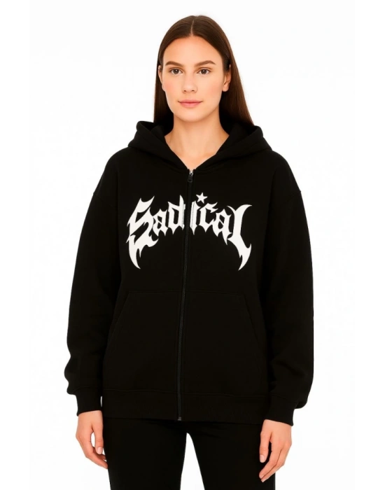 Oversize Kapüşonlu Sweatshirt  Hoodie 3 İplik Şardonlu Pamuklu Kumaş, Önü Baskılı, Fermuarlı Rahat Kalıp, Kışlık Ve Sokak Stili Sweat - Siyah