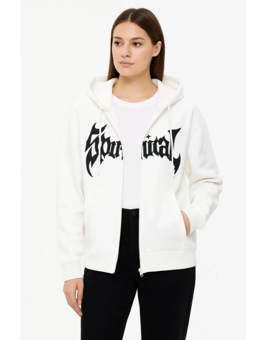 Oversize Kapüşonlu Sweatshirt Hoodie 3 İplik Şardonlu Pamuklu Kumaş, Önü Baskılı, Fermuarlı Rahat Kalıp, Kışlık Ve Sokak Stili Sweat - Beyaz