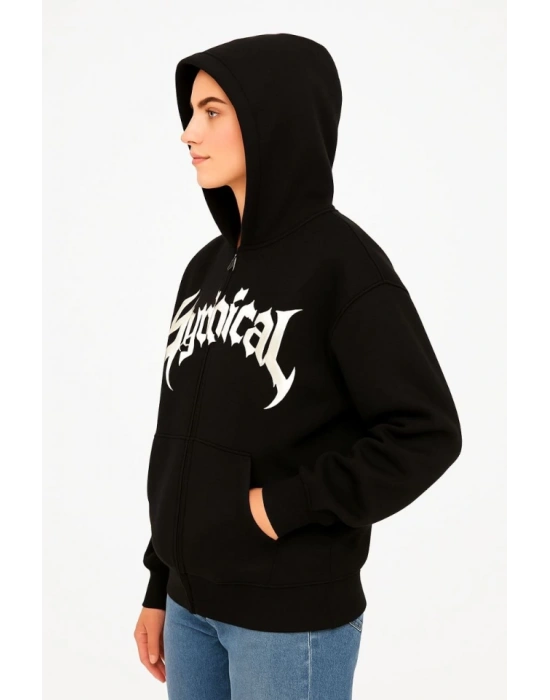 Oversize Kapüşonlu Sweatshirt  Hoodie 3 İplik Şardonlu Pamuklu Kumaş, Önü Baskılı, Fermuarlı Rahat Kalıp, Kışlık Ve Sokak Stili Sweat - Siyah