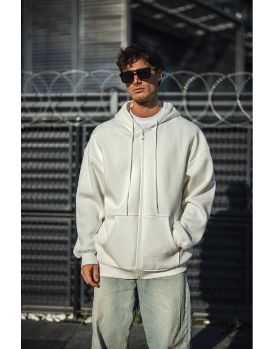 Oversize Tam Fermuarlı Uzun Kol Hırka - Beyaz