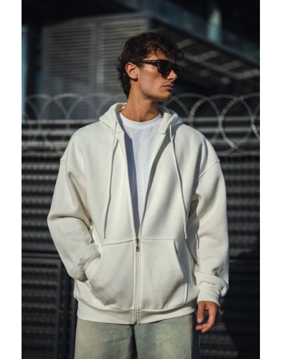 Oversize Tam Fermuarlı Uzun Kol Hırka - Beyaz