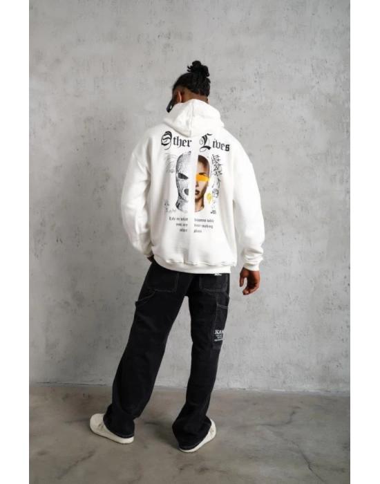 Oversize Üç İplik Şardonlu Kapüşonlu Sweatshirt – Beyaz “Other Lives” Ön Ve Arka Baskılı, Kanguru Cepli, Ribanalı Rahat Kışlık Model Beyaz