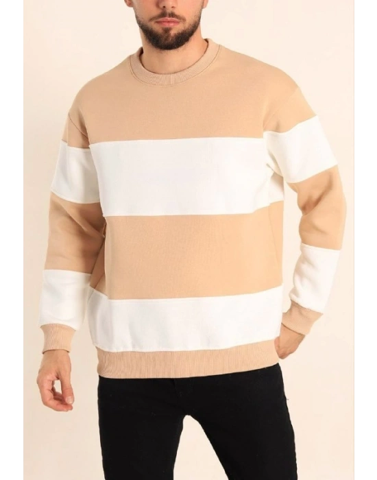 Parçalı Bisiklet Yaka Baskılı SweatShirt - Bej