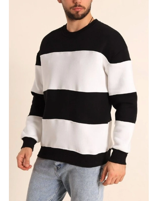Parçalı Bisiklet Yaka Baskılı SweatShirt - Siyah
