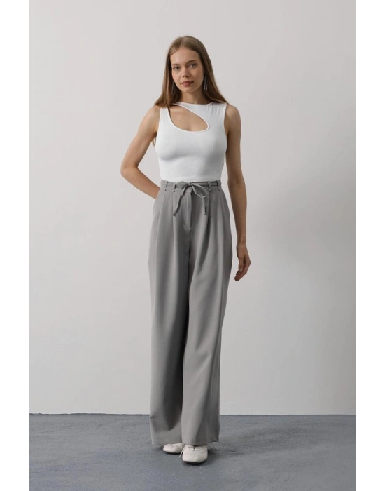 Pileli Bağcıklı Oversize Pantolon - Gri