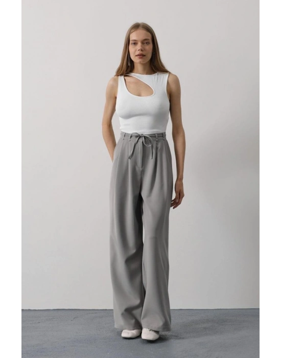 Pileli Bağcıklı Oversize Pantolon - Gri