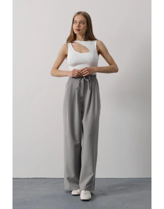 Pileli Bağcıklı Oversize Pantolon - Gri