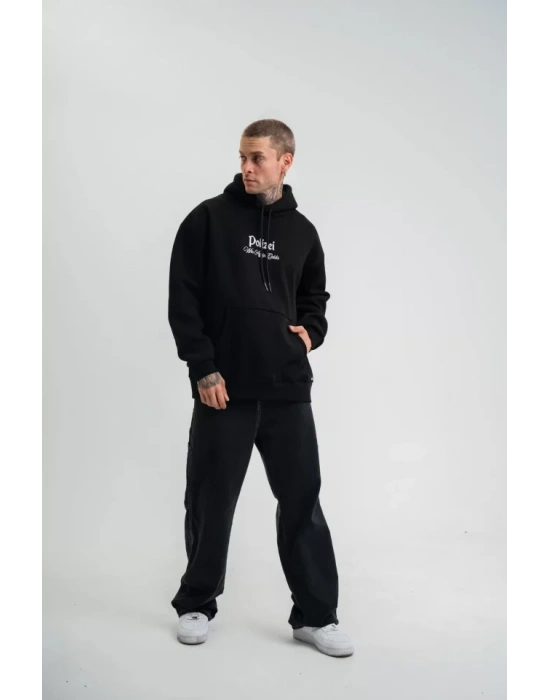 POLIZEI Premium Kalite Kapşonlu Dijital Patchli SweatShirt - Siyah