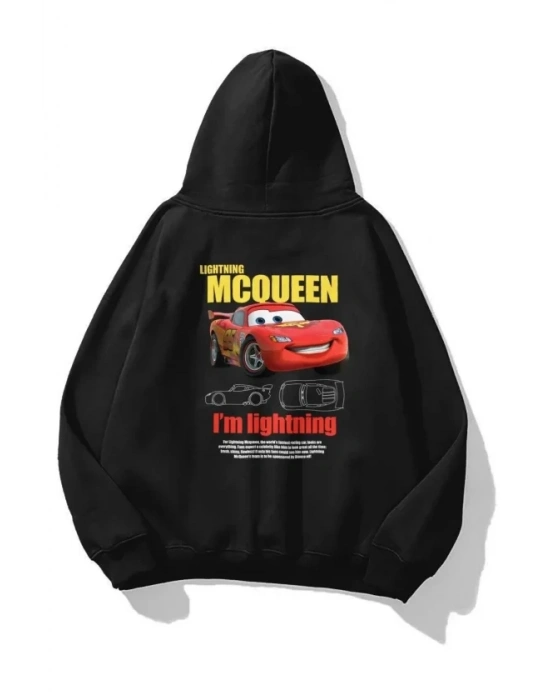 Sevgililer Günü Araba Baskılı Oversize Kapüşonlu Sweatshirt Hoodie - Siyah