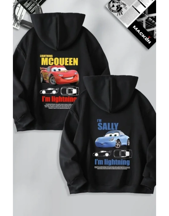 Sevgililer Günü Araba Baskılı Oversize Kapüşonlu Sweatshirt Hoodie - Siyah