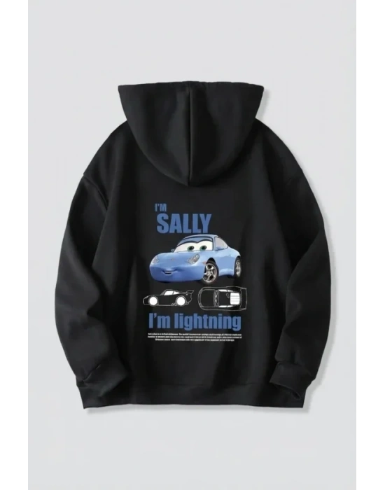 Sevgililer Günü Araba Temalı Baskılı Oversize Kapüşonlu Sweatshirt Hoodie - Siyah