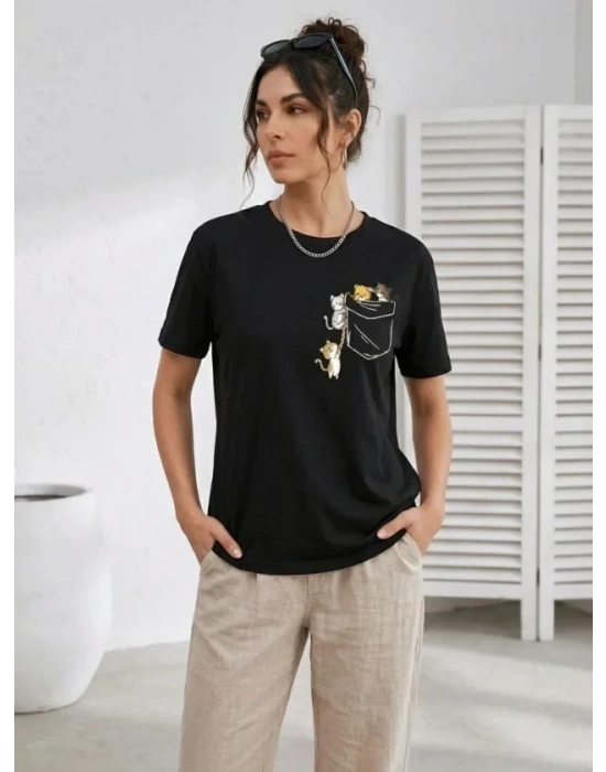 Sevimli Kedi Cep Baskılı Tişört Kısa Kol Yazlık T-Shirt - Siyah