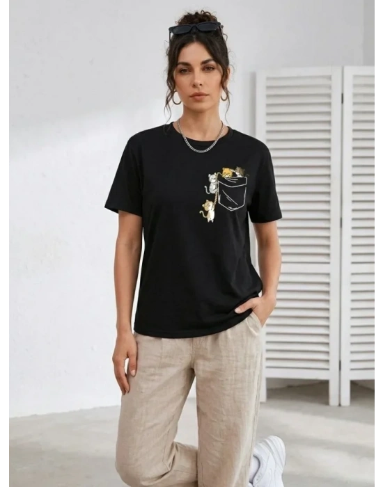 Sevimli Kedi Cep Baskılı Tişört Kısa Kol Yazlık T-Shirt - Siyah