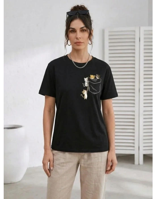Sevimli Kedi Cep Baskılı Tişört Kısa Kol Yazlık T-Shirt - Siyah