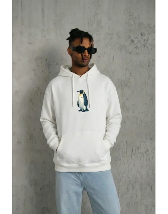 Siyah Oversize Hoodie - Sırt Baskılı Survivor Penguin Temalı, Felsefi Yazılı Kapüşonlu Sweatshirt - Beyaz