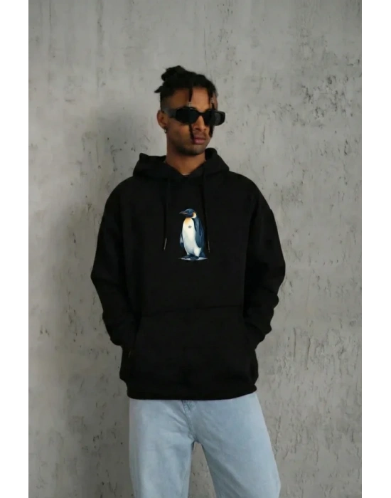 Siyah Oversize Hoodie - Sırt Baskılı Survivor Penguin Temalı, Felsefi Yazılı Kapüşonlu Sweatshirt - Siyah