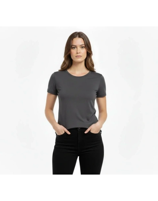 T-Shirt Bisiklet Yaka Slim Fit Likralı Tişört Günlük Basic Body - Füme