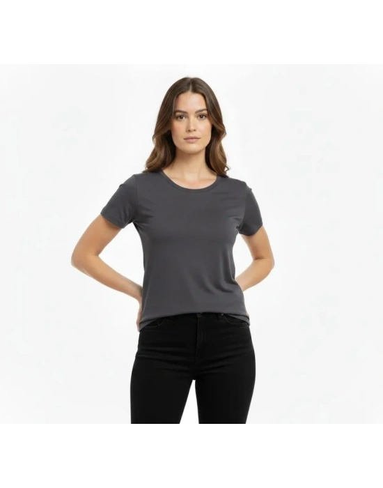 T-Shirt Bisiklet Yaka Slim Fit Likralı Tişört Günlük Basic Body - Füme