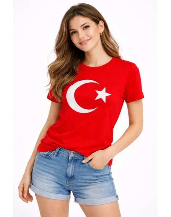 T-Shirt Kısa Kol Bisiklet Yaka Ay Yıldız Bayrak Baskılı Tişört - Kırmızı