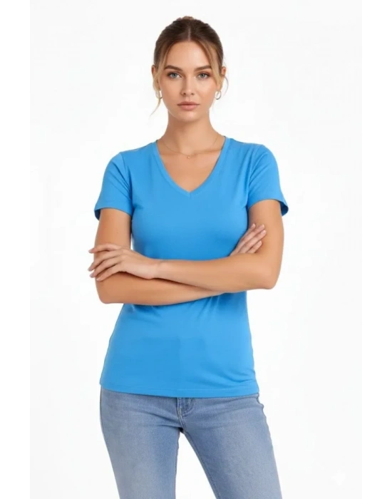 T-Shirt V Yaka Slim Fit Likralı Tişört Günlük Basic Body - Açık Mavi