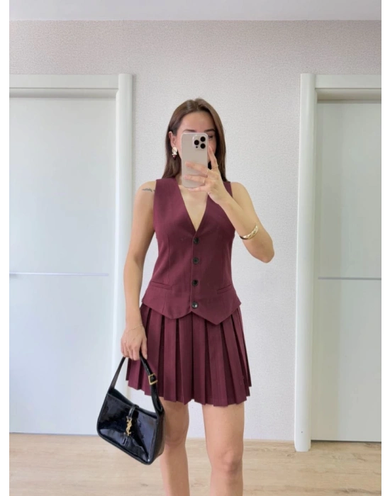 Takım Görünümlu Yelekli Mini Elbise- Bordo