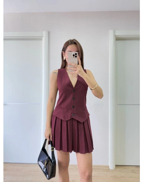 Takım Görünümlu Yelekli Mini Elbise- Bordo
