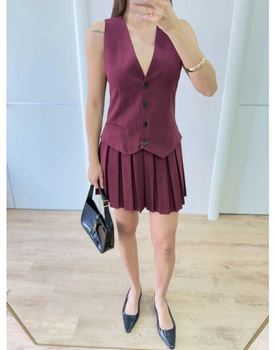 Takım Görünümlu Yelekli Mini Elbise- Bordo