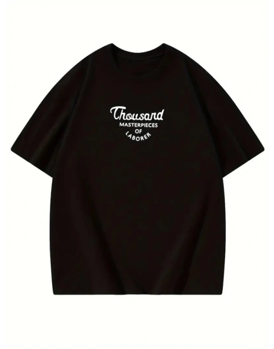Thousand Baskılı Oversize Bisiklet Yaka T-shirt - Siyah