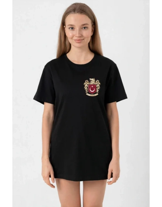 Türk Arma Baskılı Oversize Bisiklet Yaka Günlük T-shirt - Siyah