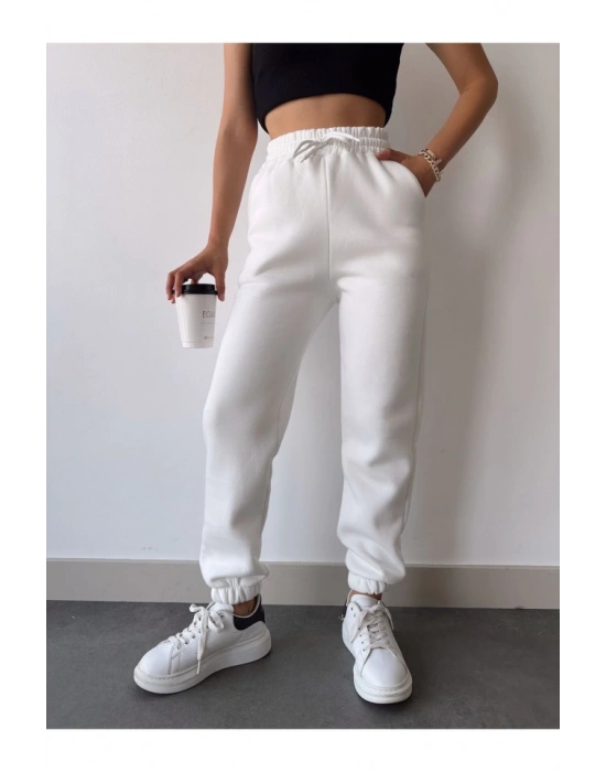 Üç İplik Basic Lastikli Eşofman Pantolon - Beyaz