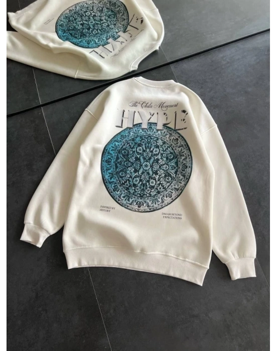 Üç İplik Bisiklet Yaka Baskılı SweatShirt - Beyaz