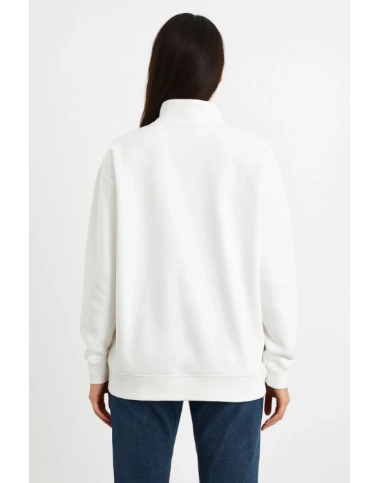 Üç İplik Dık Yaka Yarım Fermuarlı SweatShirt - Beyaz