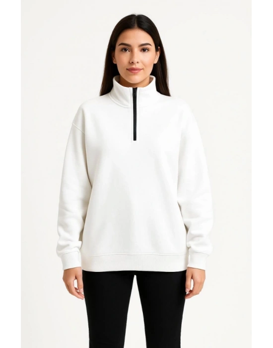 Üç İplik Dık Yaka Yarım Fermuarlı SweatShirt - Beyaz