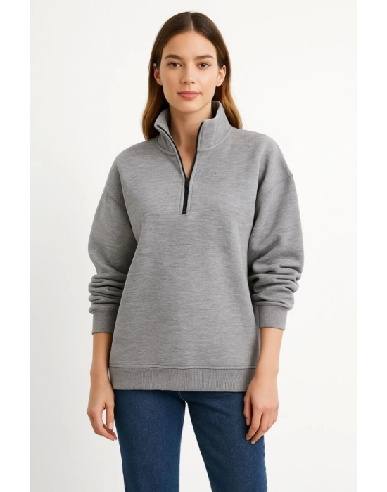 Üç İplik Dık Yaka Yarım Fermuarlı SweatShirt - Gri